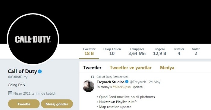 Call of Duty Twitter hesabı karanlık